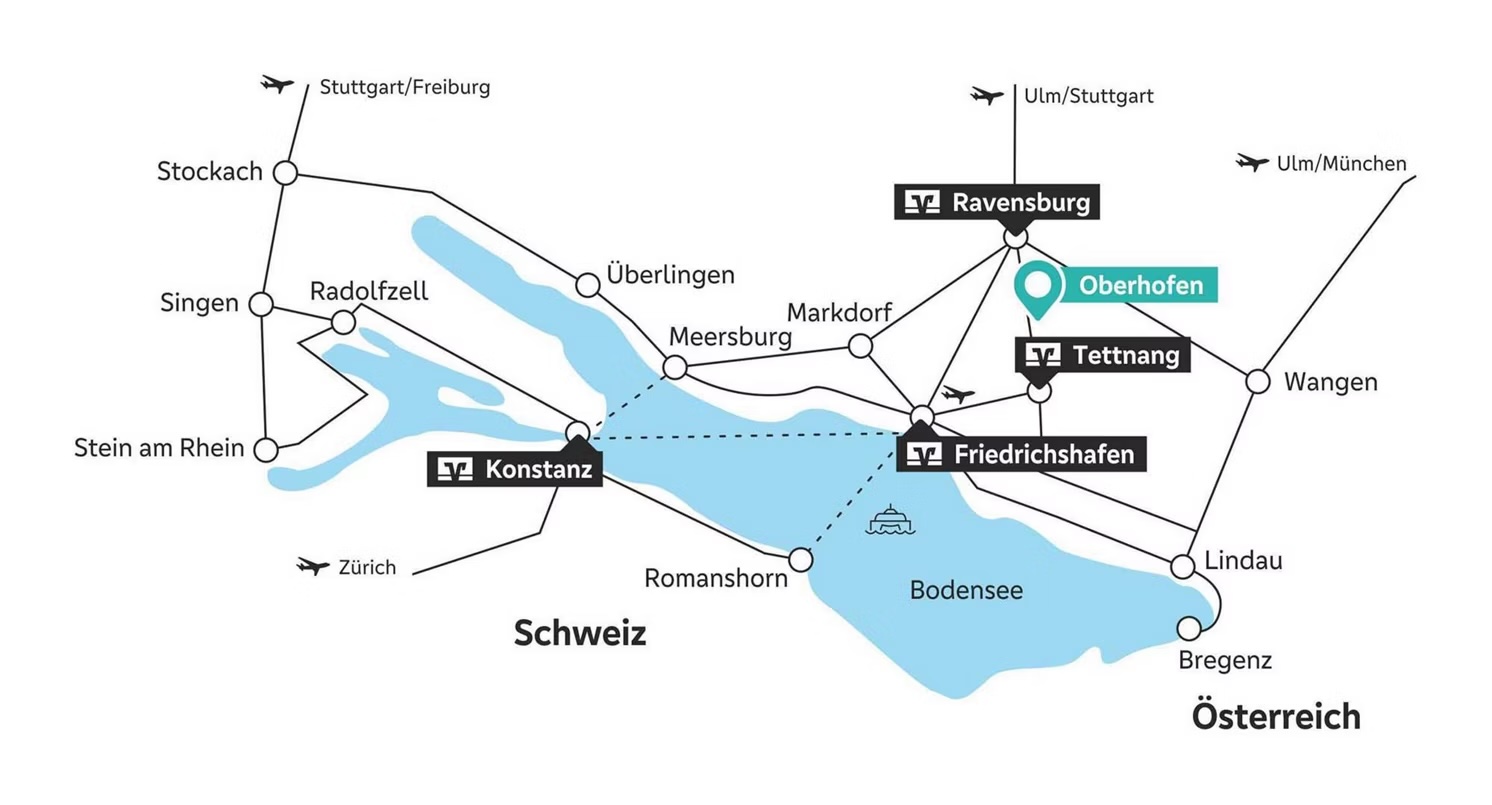 Lagekarte der Bodenseeregion mit Städten und Verkehrsanbindungen; Oberhofen bei Ravensburg ist markiert.