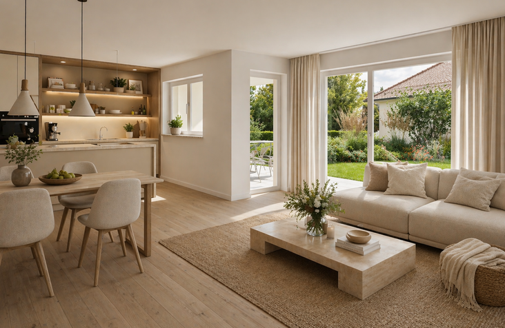 Foto einer Wohnung von innen mit Sofa, Couchtisch und Blick Richtung Küche und Essbereich, alles in Naturtönen.
