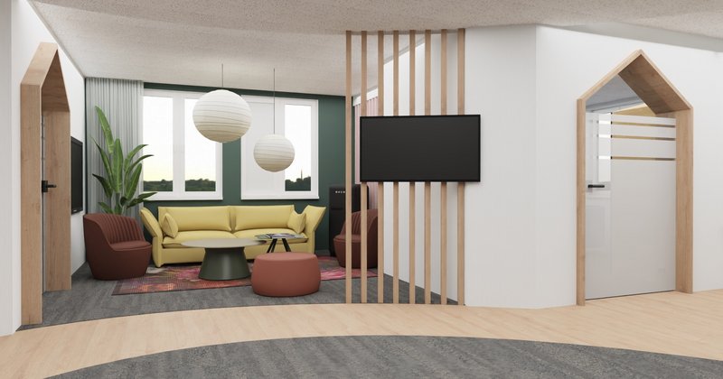 Gemütliche Wartezone mit Kamin und Sitzgruppe Modern gestaltete Wartezone mit Kaminofen, Designmöbeln, Pflanzen und TV-Wand der Volksbank.