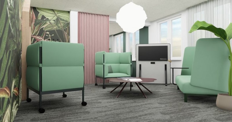 Modern gestaltete Wartezone, Designmöbeln, Pflanzen und einem Bildschirm.