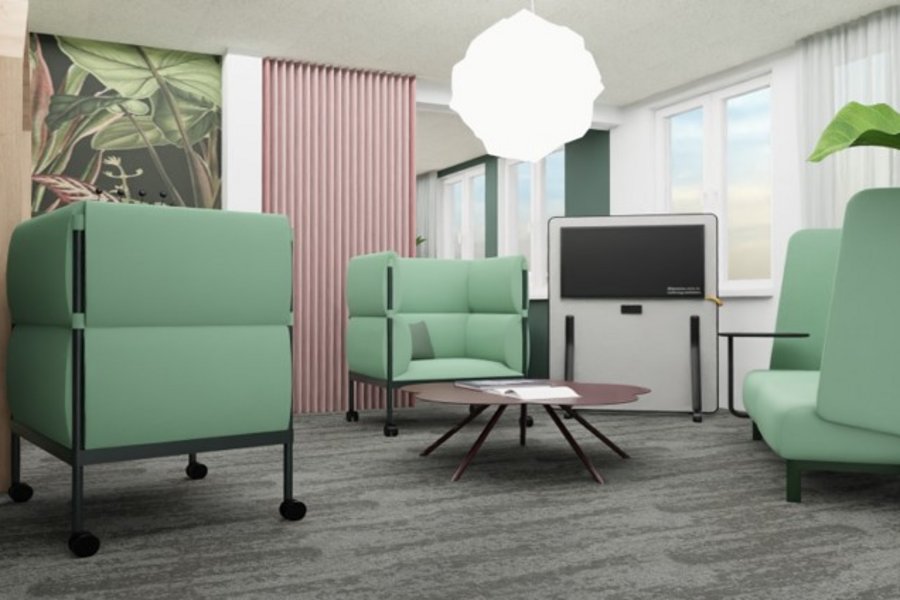 Gemütliche Wartezone mit Kamin und Sitzgruppe Modern gestaltete Wartezone, Designmöbeln, Pflanzen und einem Bildschirm.