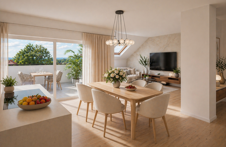 Foto einer Wohnung von innen mit Essbereich und Balkon, alles in Naturtönen.